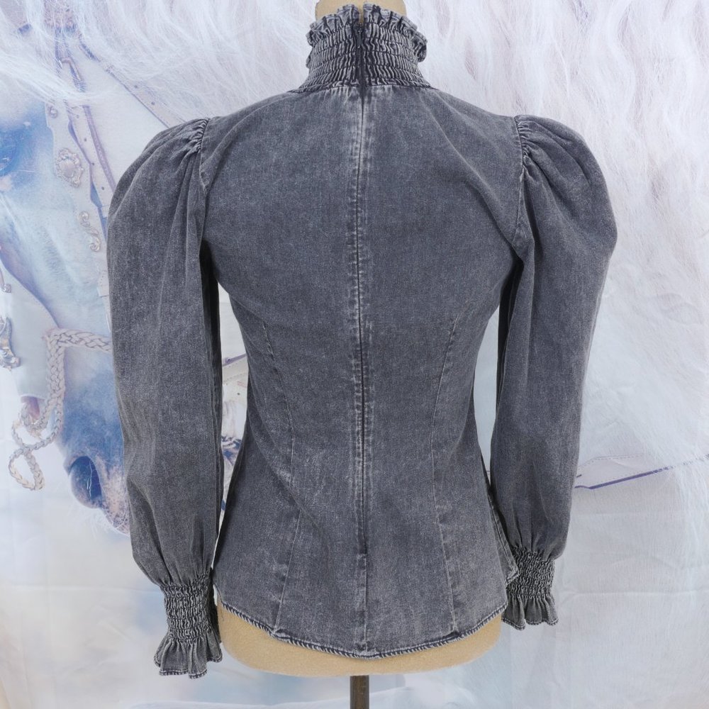Zara "The 80's Collection" Black Acid Washed High Neck Puff Long Sleeve S XS Top - Picture 9 of 10